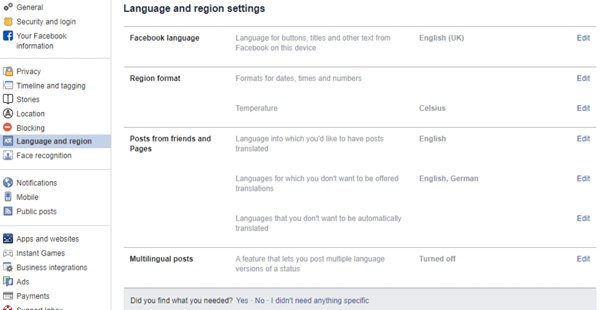 change facebook language region