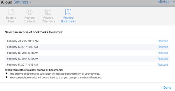 restore bookmarks icloud